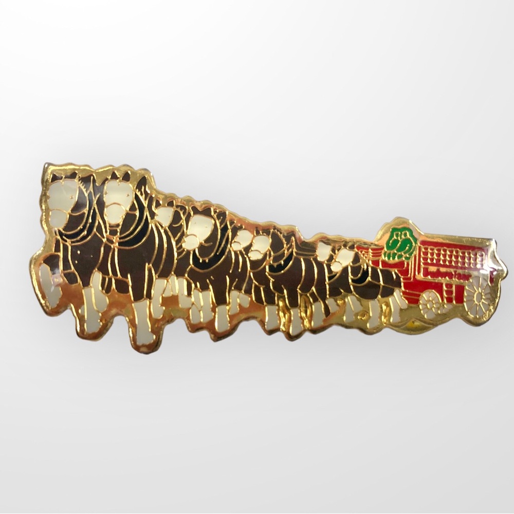 1980s Budweiser Clydesdale Horses with Wagon Lapel Pin Vintage 2”